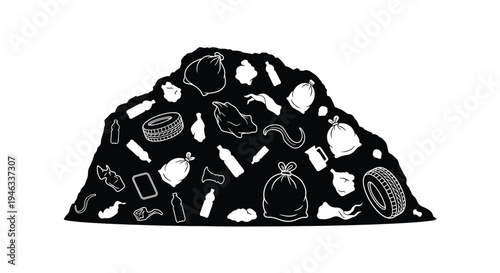 Pile of trash and discarded items presented in black silhouette