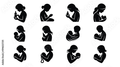 Set of black silhouettes of mothers breastfeeding or bottle feeding their babies in various poses and emotions on white background