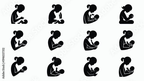 Black silhouettes of women breastfeeding babies in various positions on a grid background