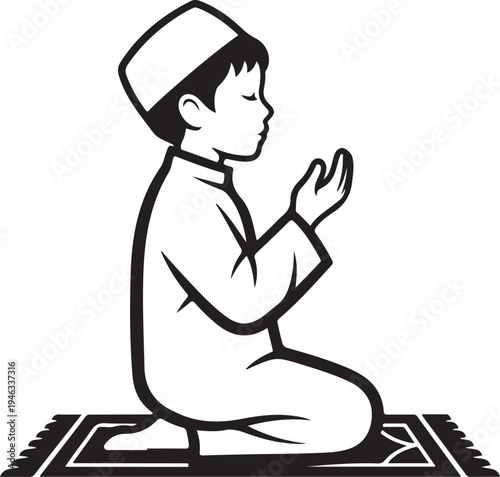 Muslim Boy Praying Salah Cartoon Vector Illustration