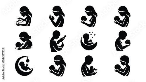 Set of 12 black silhouettes of mothers breastfeeding babies in various poses and emotions on white background