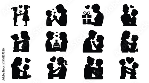 Vector illustration of black silhouettes of loving parents and children heartwarming family moments tender interactions and affectionate relationships on white background