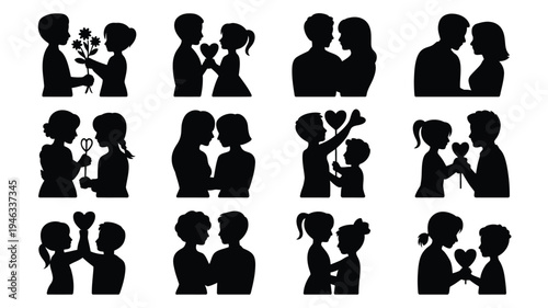 Vector illustration bundle of romantic couples and families in love silhouettes black icons