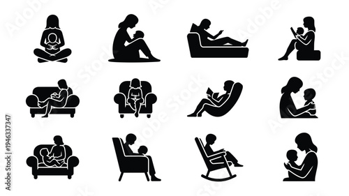 Mother and child bonding various sitting positions black silhouettes vector icons parenting and family illustrations