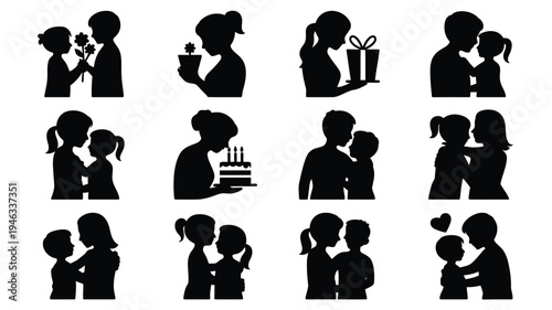 Black silhouette illustrations of mother and child interactions family love and relationships on white background