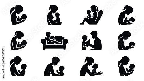 Vector illustrations of mothers breastfeeding babies in various positions and settings