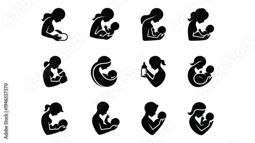 Minimalist mother and baby logo bundle breastfeeding icons set black silhouettes on white background
