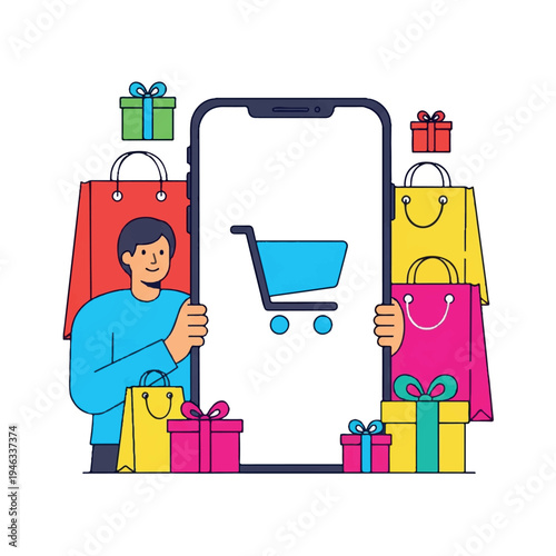 Cartoon man holding a large smartphone with shopping bags and gifts around, representing online shopping.