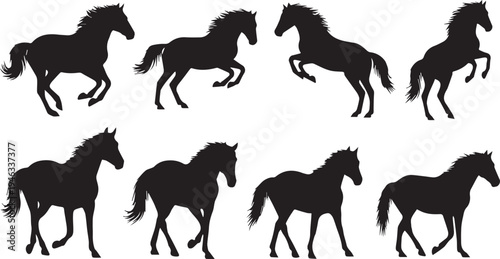 Horse Silhouettes Vector Illustration Set. Black and white collection of various running, walking, and rearing horses.