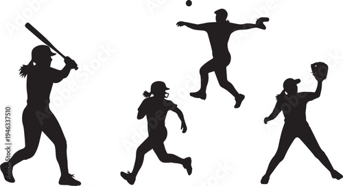 Female softball players silhouette set vector illustration for sports and game design elements and concepts.