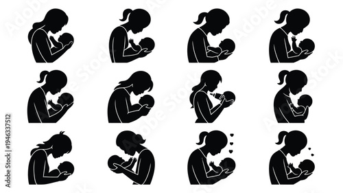Vector illustrations of mothers breastfeeding babies in various positions and emotions on white background