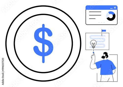 Finance, business planning, investment, analytics, money growth, innovation, market strategy. Blue dollar sign in a circle charts and a figure pointing to a light bulb concept. Finance and business