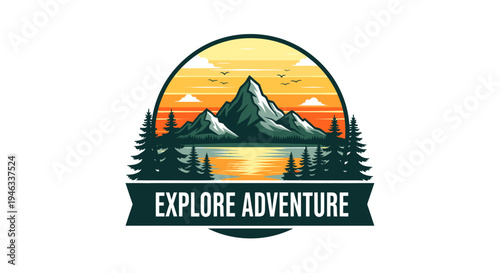 Explore Adventure Mountain Lake Forest Sunset Landscape Logo.