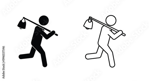 Two figures carrying burdens on a yoke contrasting styles silhouette