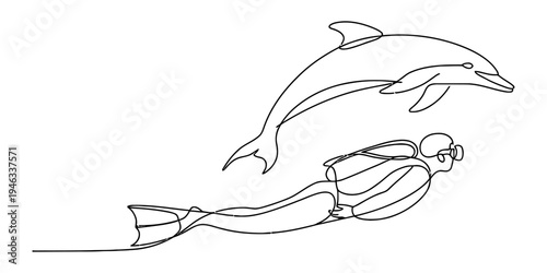 Scuba diver swimming with dolphins in ocean, line art style illustration