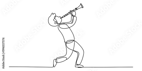 Man playing clarinet, one line drawing, musician performing, musical instrument