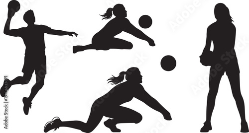 Volleyball Players Action Poses Silhouette Set Vector Illustration for Sports and Competition Graphics