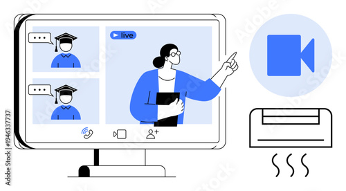 Virtual learning, online education, webinars, e-learning platforms, remote teaching, video conferencing. A teacher explaining concepts on a video call with students wearing graduation caps. Virtual