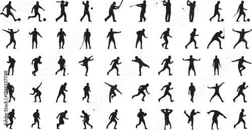 Set of various sports people silhouettes in different poses and activities, black vector illustration icons collection.