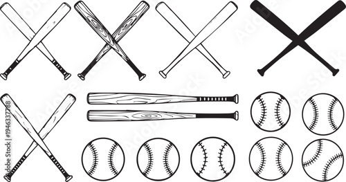 Baseball equipment vector illustration set featuring crossed bats, single bats, and baseball icons in various styles for sports design.