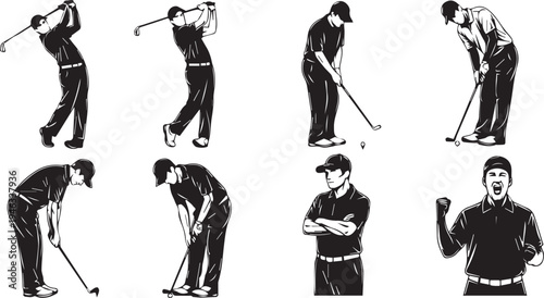 Golfer Poses Set Black and White Silhouette Illustration Vector Icons for Sports and Leisure Design