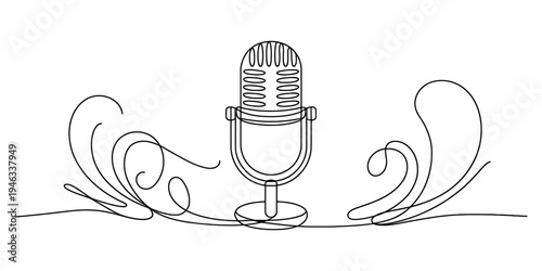 Vintage Microphone with Sound Waves, Recording, Music, Broadcasting