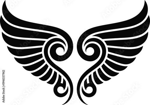 Black and white stylized wing design with heart shape on white background