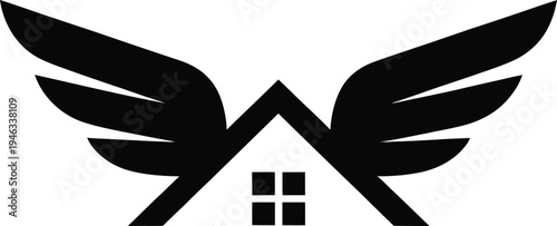 Black silhouette of a house with wings on white background, Symbolizing protection and freedom in real estate and architecture