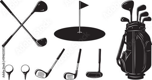 Golf equipment silhouette vector illustration set. Collection of golf clubs, bag, ball, and flag icons isolated on white background.