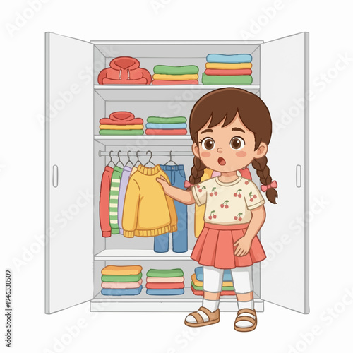 Cartoon Little Girl Choosing Outfit in Wardrobe Full of Clothes Illustration