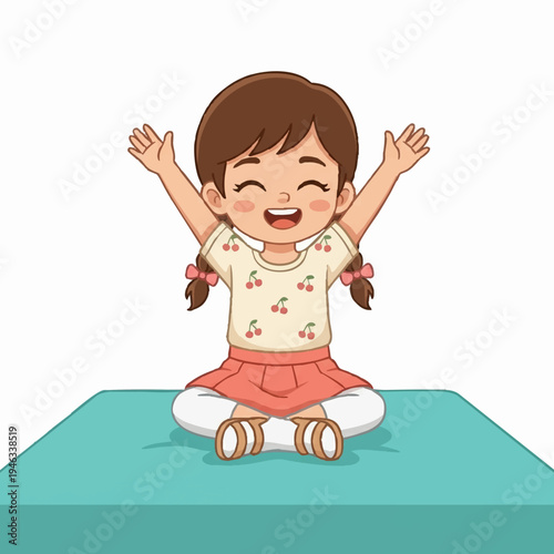 Cheerful Cartoon Little Girl Sitting on Cushion with Arms Raised Illustration