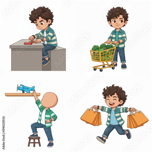 Cartoon Boy Doing Various Activities Illustration Set for Children Education