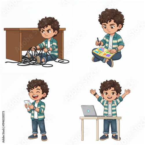 Cartoon Style Diverse Boy Doing Various Activities in Daily Life Illustration