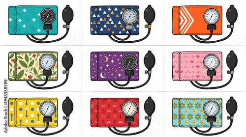 Collection of nine colorful blood pressure cuffs with various patterns and designs, arranged in a grid.