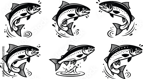 Dynamic Jumping Fish Silhouette Vector Art – Salmon and Trout in Motion with Splash Effects, Perfect for Fishing Logos, Outdoor Graphics, and Wildlife Decor