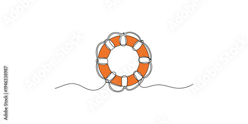 An orange life preserver ring with white stripes and ropes on a white background
