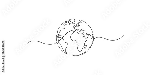 Continuous line drawing of the globe with a wavy line around it