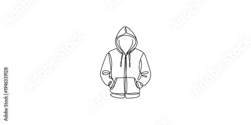 A line drawing of a hooded sweatshirt with a zipper and pockets