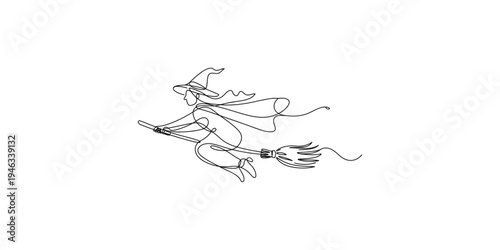 Witch flying on broomstick in one line drawing style on white background