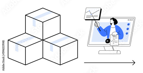 E-commerce logistics. Boxes stacked to shipping and distribution, alongside a digital presentation emphasizing online education. E-commerce logistics supports delivery systems, education platforms