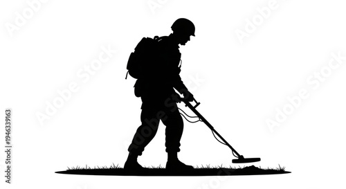 Military Soldier Silhouette using Metal Detector for Landmine Clearance