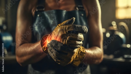 Manual worker with wrist pain and carpal tunnel syndrome. Occupational health and safety. Male artisan wearing protective leather gloves clutching a sore inflamed wrist in a workshop