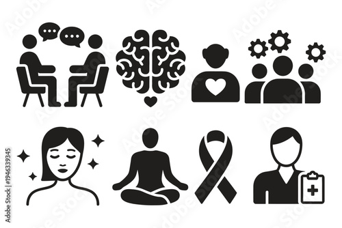 Mental health solid icons, mental help therapy session, brain with heart, mindfulness practice, help group, self-care, meditation, mental health support, counseling and wellness tools.