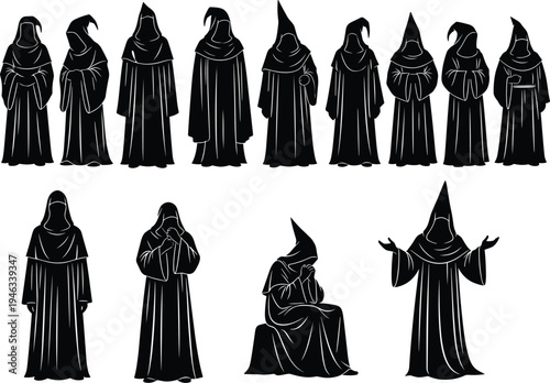 Mysterious collection of hooded monk and wizard silhouettes featuring black vector figures in robes for fantasy RPG games dark magic and medieval history designs