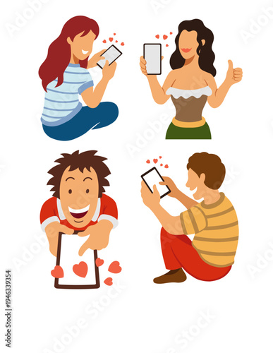 Love smartphone people in social media flat design illustration