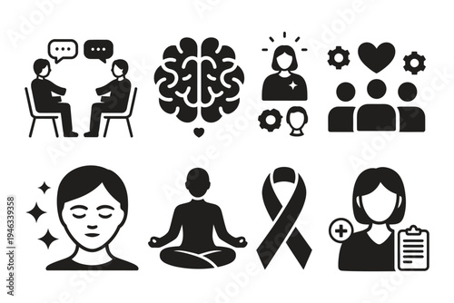 Mental health solid icons, mental help therapy session, brain with heart, mindfulness practice, help group, self-care, meditation, mental health support, counseling and wellness tools.