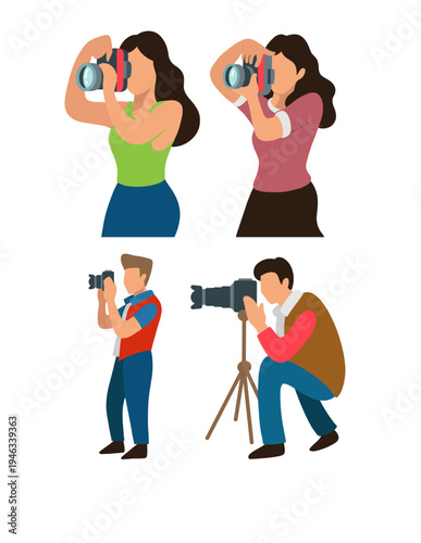 Male and female photographer shooting a photo with camera illustration