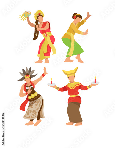 Indonesian traditional dance. Pendet, Jaipong, Mandau and candle dance performance illusration.