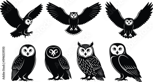 Set of black and white owl vector silhouettes featuring barn owls and horned owls in various flying and perched poses for nocturnal wildlife design