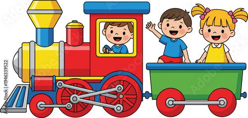 Colorful vector illustration of happy cartoon children riding a toy steam engine train with a locomotive and wagon isolated on white background for kids.